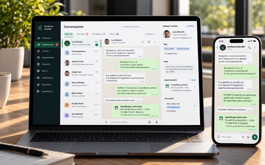 Conversazione WhatsApp di Verdenza Giardini che fissa un sopralluogo e la registra nel gestionale