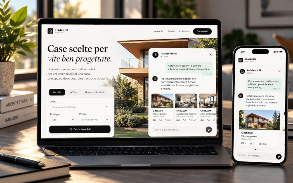 Assistente AI che propone tre immobili a Milano dopo una richiesta in chat
