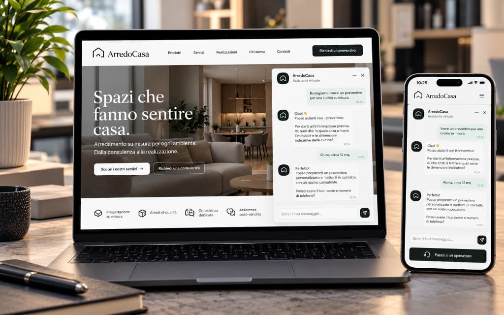Chatbot di ArredoCasa che raccoglie i dati per un preventivo e offre il passaggio a un operatore