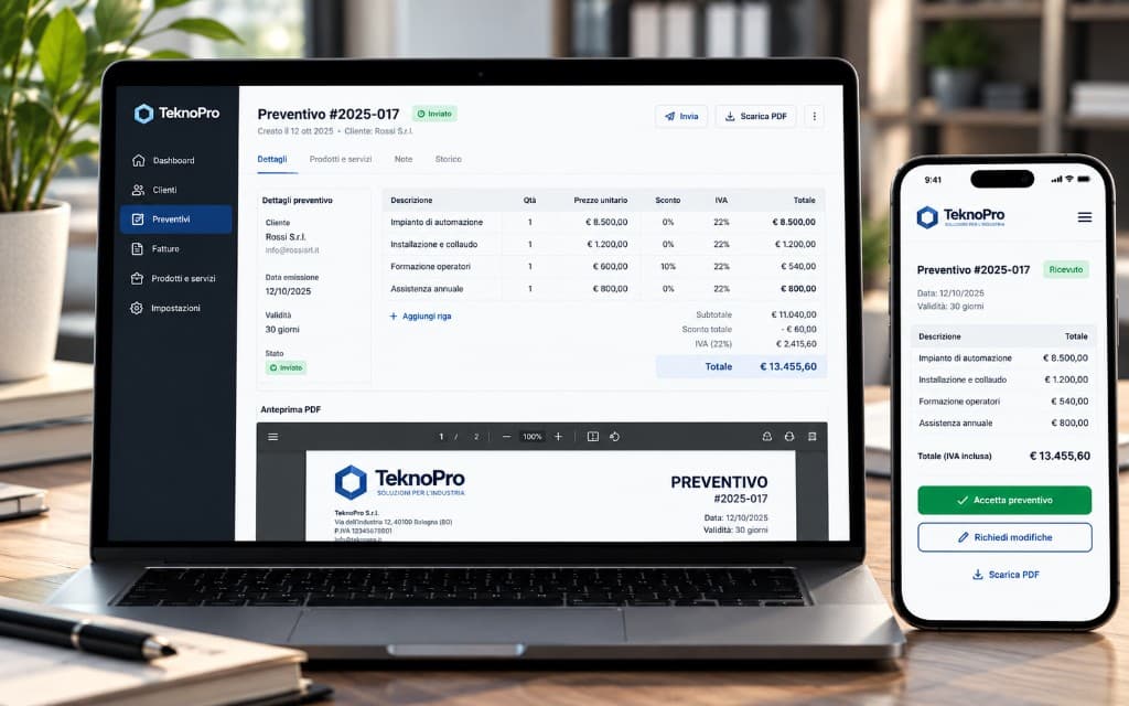 Preventivo TeknoPro con righe, IVA e PDF, e la versione ricevuta dal cliente sul telefono