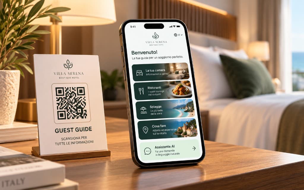Guest guide di Villa Serena in camera, con QR e smartphone che mostra ristoranti e spiagge