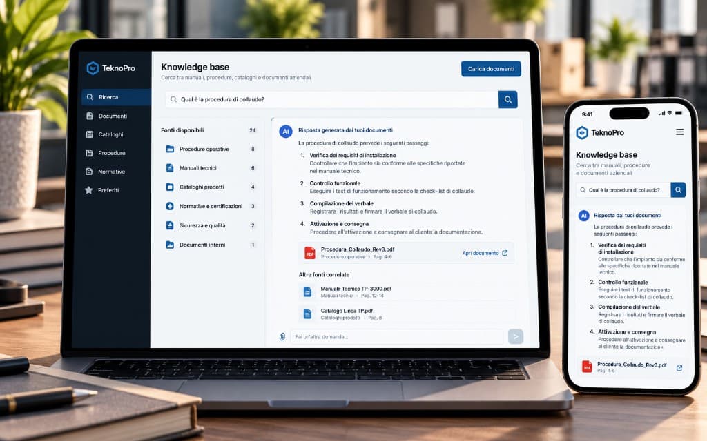 Knowledge base TeknoPro che risponde sulla procedura di collaudo citando i PDF interni
