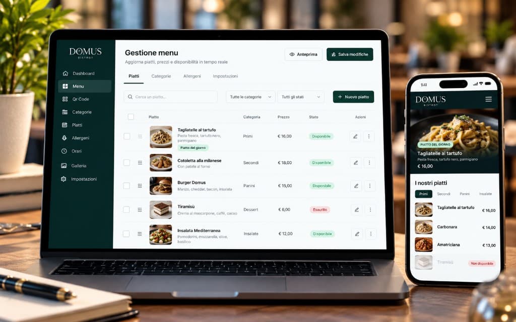 Pannello di gestione del menu di Domus Bistrot, con piatti, prezzi e disponibilità