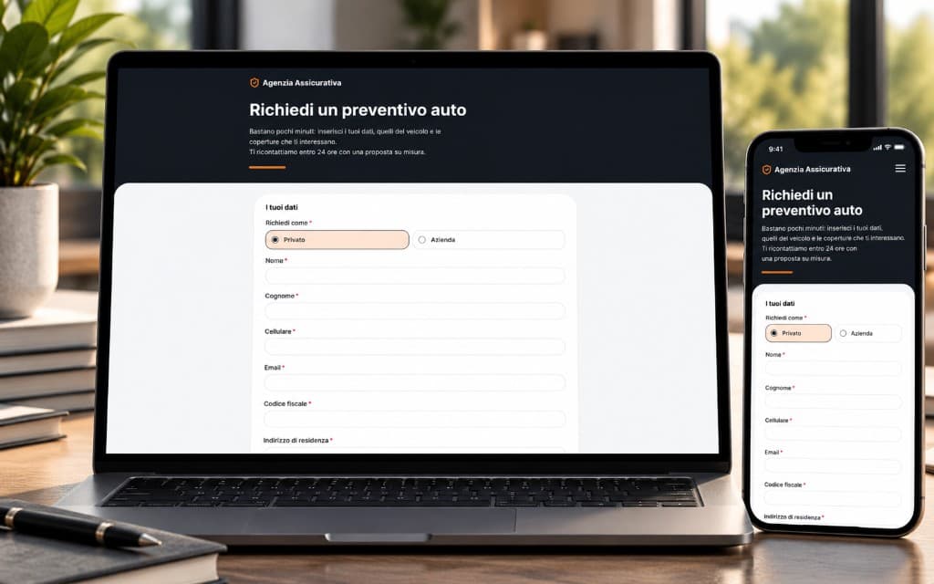 Questionario per richiedere un preventivo auto, su laptop e smartphone