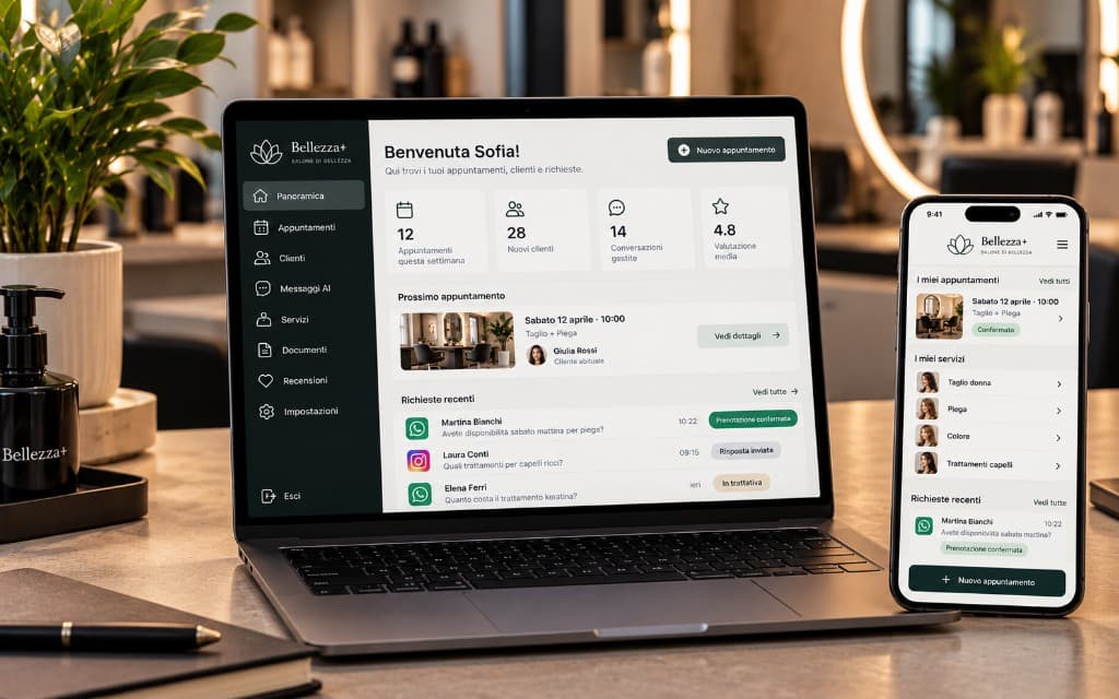 Portale di un salone con appuntamenti, clienti e richieste sul computer e sul telefono