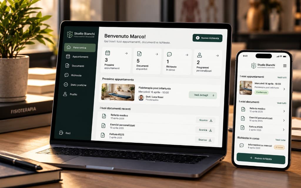 Portale paziente di uno studio di fisioterapia, con appuntamenti e documenti