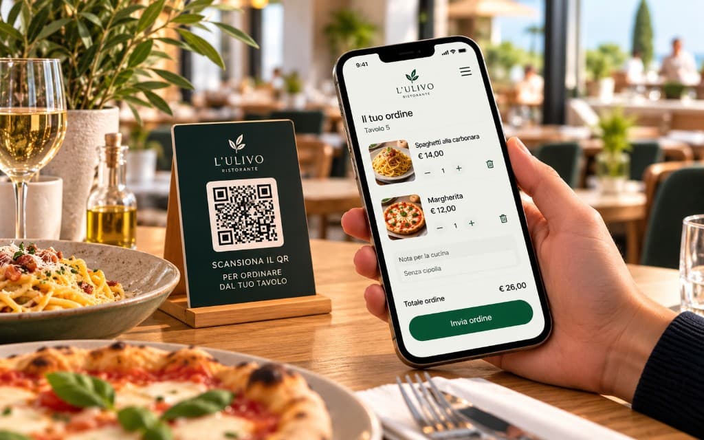 Ordine dal tavolo de L'Ulivo, con piatti, nota per la cucina e QR accanto
