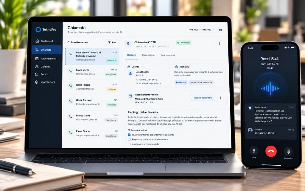 Chiamata gestita dall'assistente vocale TeknoPro, con trascrizione e appuntamento fissato