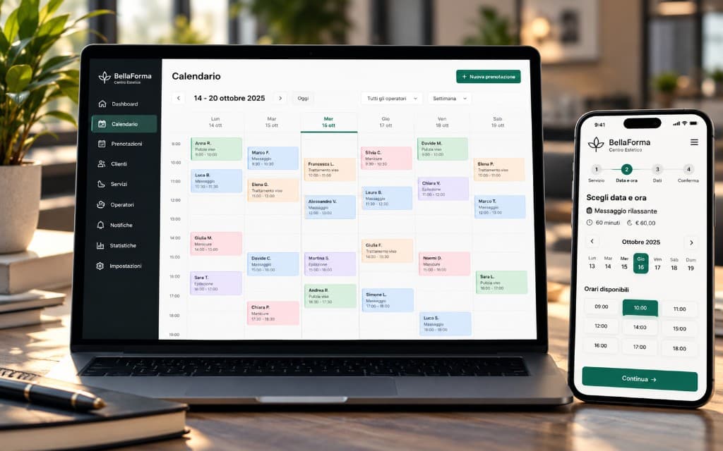 Calendario di BellaForma con gli appuntamenti degli operatori e la scelta dell'orario sul telefono