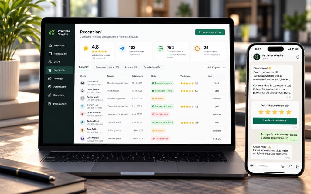Pannello recensioni di Verdenza Giardini e messaggio WhatsApp che chiede una valutazione