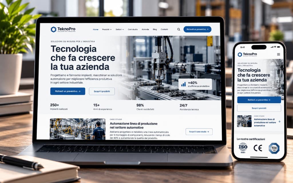 Sito di TeknoPro con casi studio, richiesta di preventivo e certificazioni