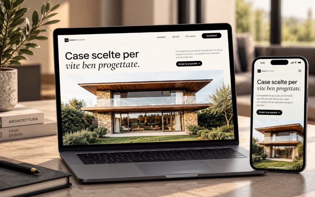 Sito immobiliare Bianchi Real Estate su laptop e smartphone, con la villa in evidenza