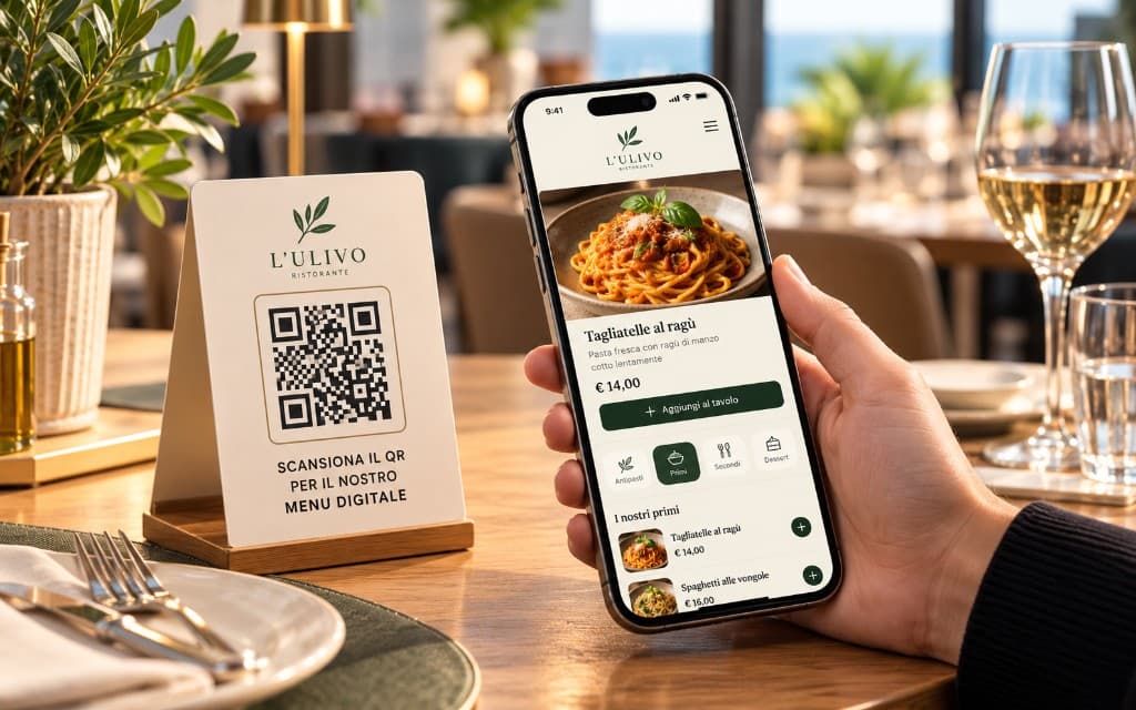 Menu digitale de L'Ulivo su smartphone, con il QR da tavolo accanto