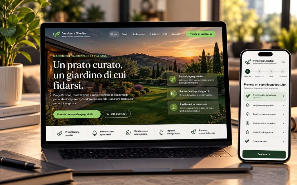 Sito di Verdenza Giardini con la prenotazione di un sopralluogo su laptop e smartphone